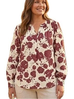 Simply Vera Vera Wang Floral Print Long Sleeve Blouse Size Large Split Neck